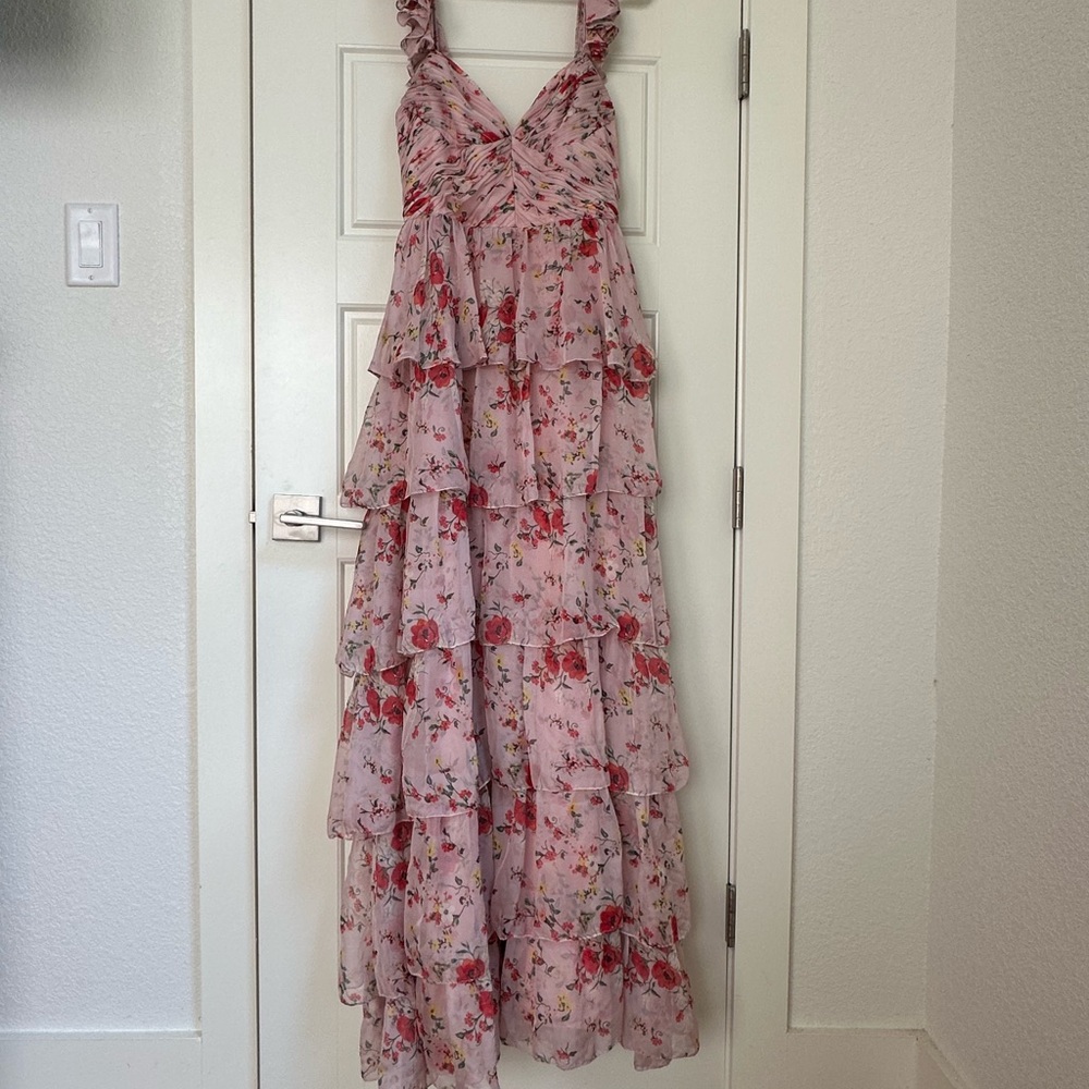 Mac Duggal Pink Floral Ruffled Tiered Maxi Dress - Picture 10 of 11